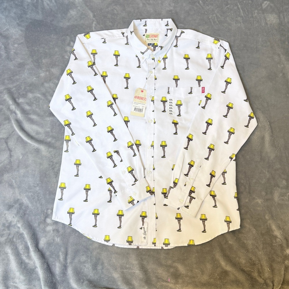 RSVLTS A Christmas Story Mens XXL Leg Lamp Oxford Shirt Off White Long Sleeve